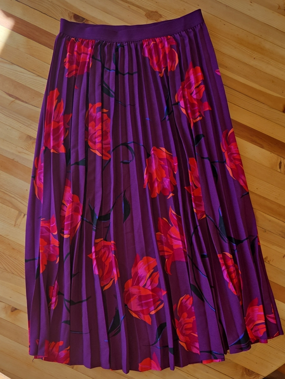 a new day Purple Pleated Midi Skirt with Pink & Red Floral Print